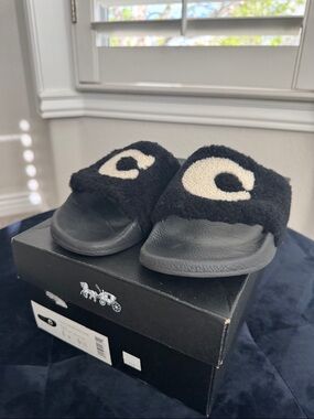 Coach Black Shearling Slide Sandals with Cream Logo